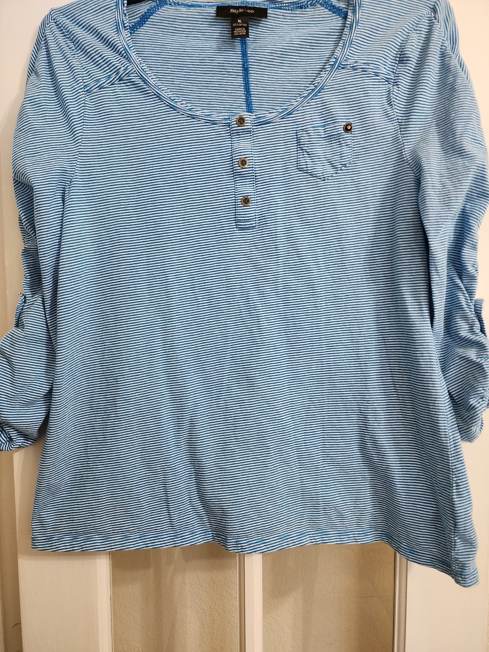 Style & Co Blue White Striped Roll Tab Henley Top XL Coastal Cotton - Picture 6 of 11